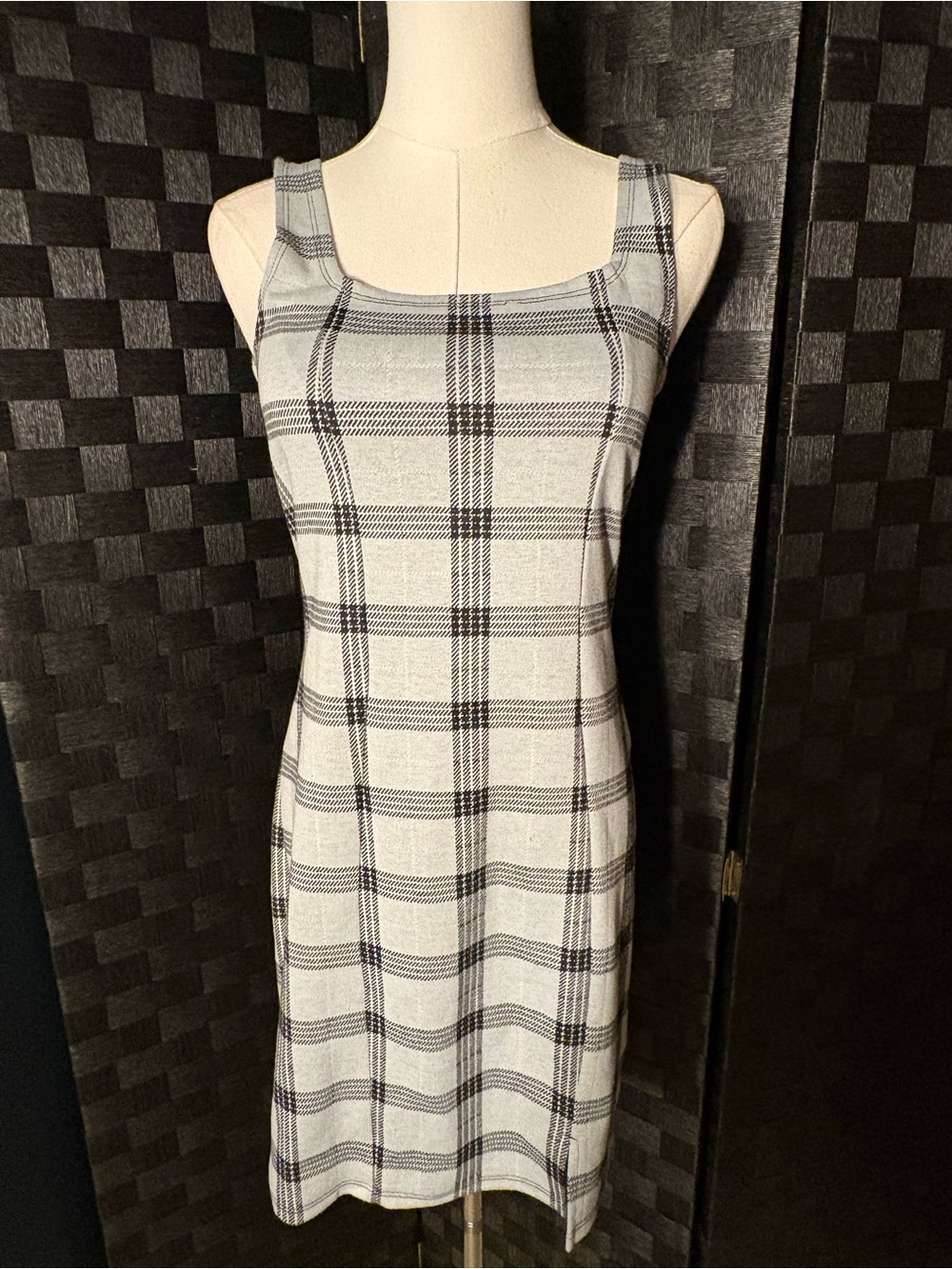 Popular Basics Light Gray Plaid Square-Neck Mini Dress